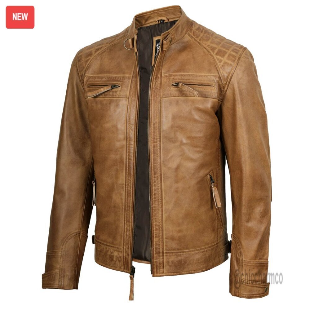 Quilted Cafe Racer Moto Style Leather Jacket Men's Lambskin Zip Up